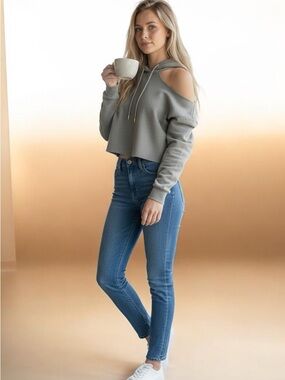 Cold-Shoulder Cropped Hoodie Jacket in Light Gray